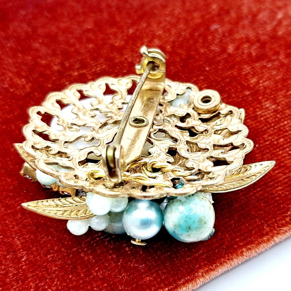 Vintage Blue Rhinestone Brooch Beads Mother of Pearl Disc Layered Leaf Cluster - Picture 10 of 11